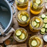 Jars of pickles with cucumbers and spices